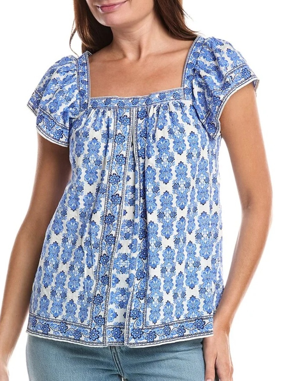 Max Studio Womn XL Blue White Damask Print Square Neck Flutter Sleeve Blouse NWT